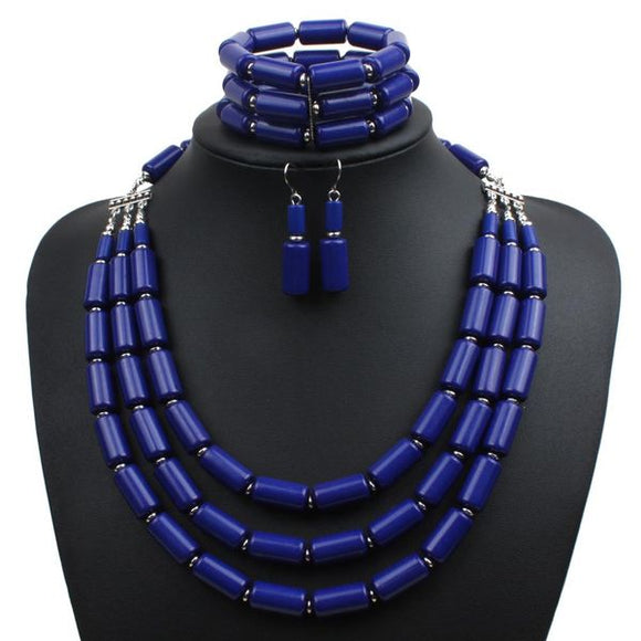 *N1920 Silver Royal Blue Bead Statement Necklace with FREE Earrings and Bracelet - Iris Fashion Jewelry