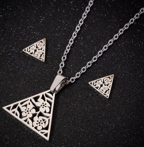 N383 Silver Decorated Triangle Stainless Steel Necklace with FREE Earrings - Iris Fashion Jewelry
