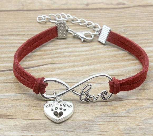 B556 Red Best Friend Paw Print Leather Cord Bracelet - Iris Fashion Jewelry