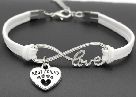 *B444 White Best Friend Paw Print Leather Cord Bracelet - Iris Fashion Jewelry