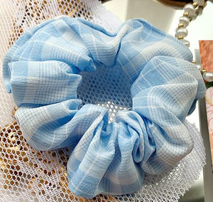 H783 Light Blue & White Plaid Hair Scrunchie - Iris Fashion Jewelry