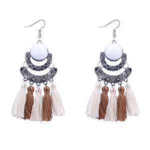 E697 Silver White Gemstone Brown & White Tassel Earrings - Iris Fashion Jewelry