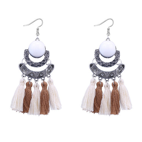 E697 Silver White Gemstone Brown & White Tassel Earrings - Iris Fashion Jewelry