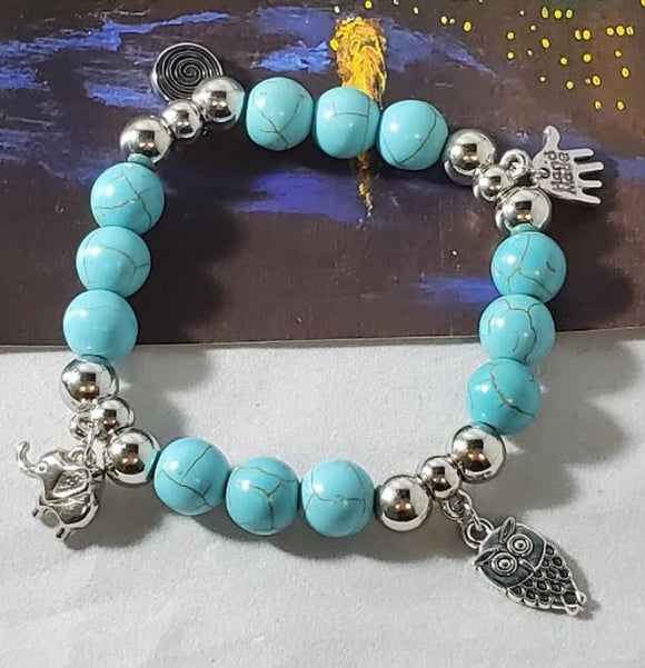 B1136 Turquoise Crackle Stone Elephant Owl Swirl Bracelet - Iris Fashion Jewelry