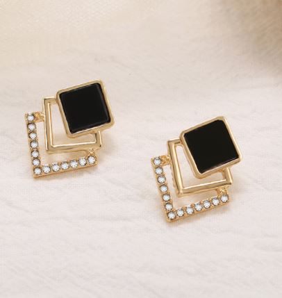 E103 Gold Triple Square Black with Rhinestones Earrings - Iris Fashion Jewelry