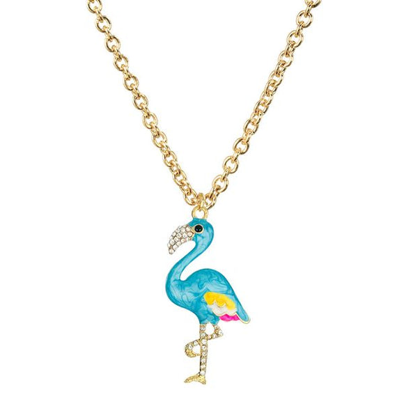N728 Gold Baked Enamel Blue Flamingo Necklace with FREE Earrings - Iris Fashion Jewelry