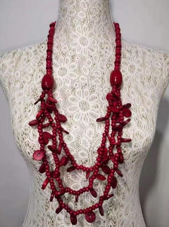 N1378 Red Layered Wooden Necklace with FREE Earrings - Iris Fashion Jewelry