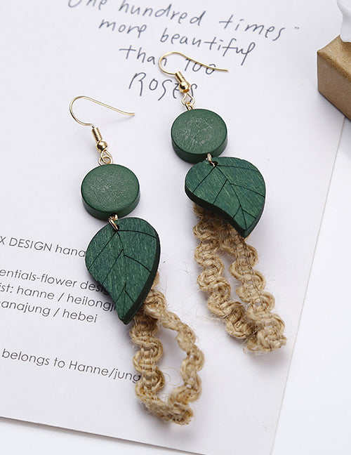 E1732 Gold Green Wooden Leaf Fabric Accent Earrings - Iris Fashion Jewelry