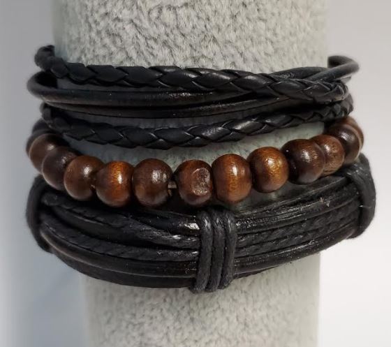 *B41 Black Leather Wood Beads Bracelet Set - Iris Fashion Jewelry