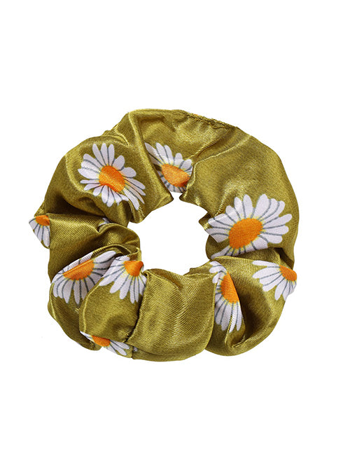 H762 Satin Olive Green Daisy Flower Hair Scrunchie - Iris Fashion Jewelry