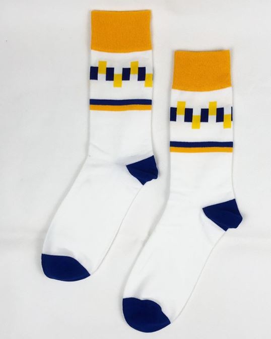 SF538 White Golden Yellow & Blue Rectangles Socks - Iris Fashion Jewelry