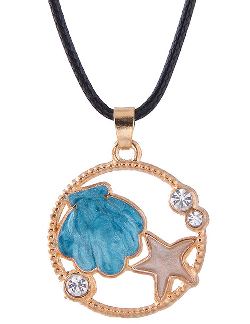 N349 Gold Shell & Starfish Leather Cord Necklace with FREE Earrings - Iris Fashion Jewelry