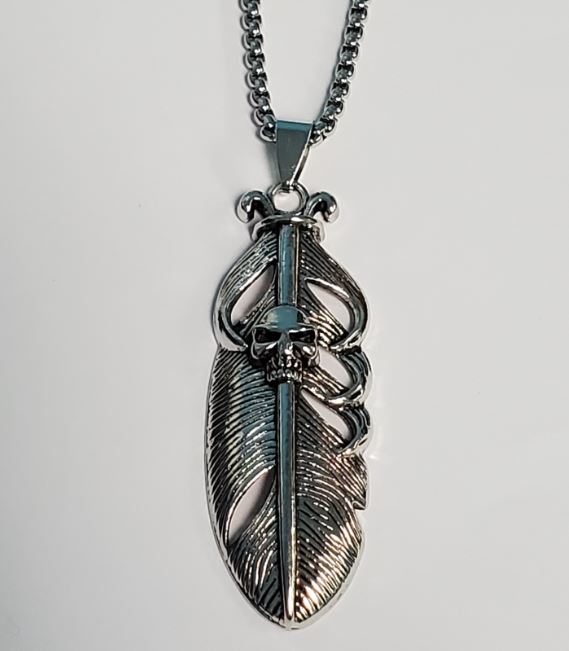 N1828 Silver Feather with Skull Necklace - Iris Fashion Jewelry