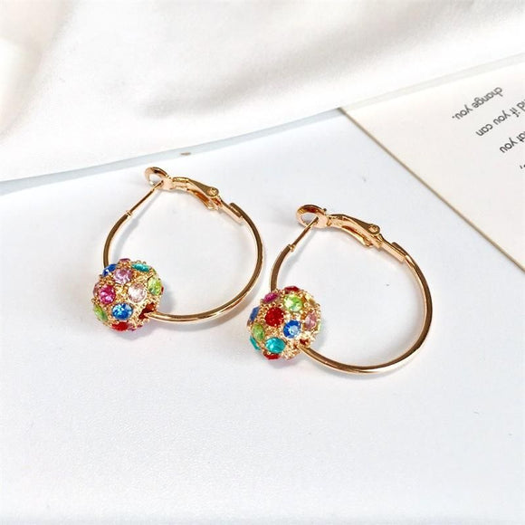 E23 Gold Hoop Multi Color Rhinestone Ball Earrings - Iris Fashion Jewelry