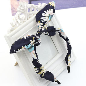 H640 Navy Blue Floral Covered Head Band with Bow - Iris Fashion Jewelry