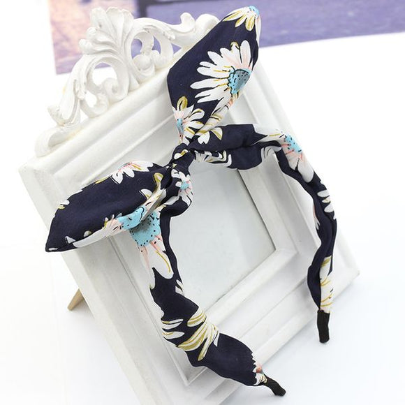 H640 Navy Blue Floral Covered Head Band with Bow - Iris Fashion Jewelry