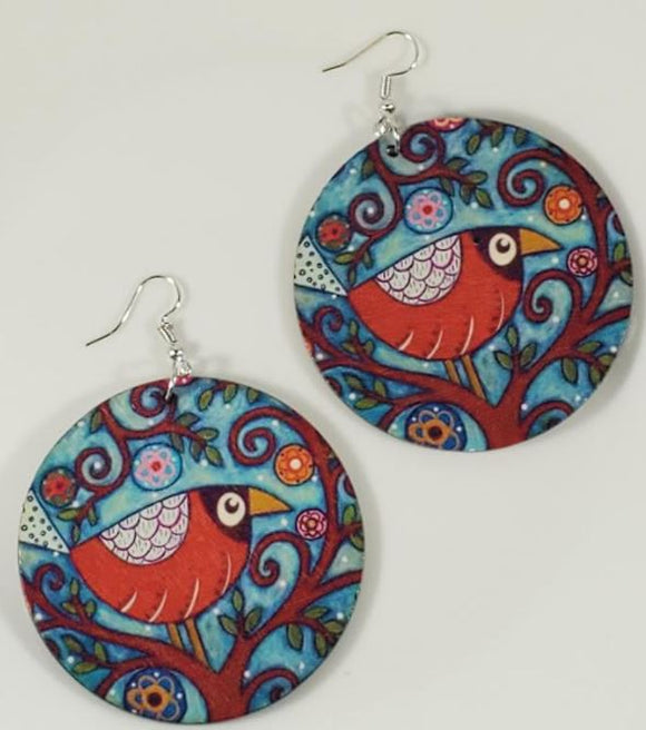 E1497 Large Round Wooden Red Bird in Tree Earrings - Iris Fashion Jewelry