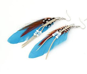 E947 Fashion Blue Feather Tassel Bead Earrings - Iris Fashion Jewelry