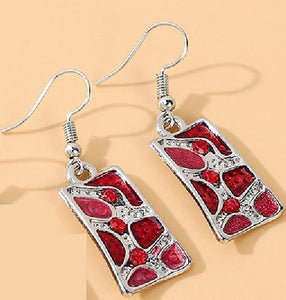 E1343 Silver Red Rectangle Baked Enamel Design & Rhinestones Earrings - Iris Fashion Jewelry