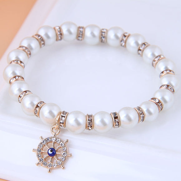 B1045 Ship Wheel Pearl Rhinestone Bead Bracelet - Iris Fashion Jewelry