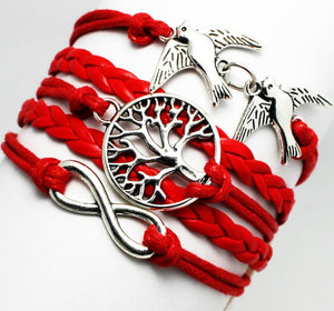 B734 Red Tree of Life Doves Infinity Leather Layered Bracelet - Iris Fashion Jewelry