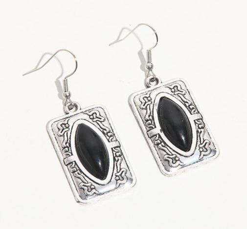 E1752 Silver Decorated Rectangle Black Gem Earrings - Iris Fashion Jewelry