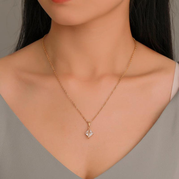 N929 Gold Dainty Diamond Shape Gemstone Necklace With Free Earrings - Iris Fashion Jewelry