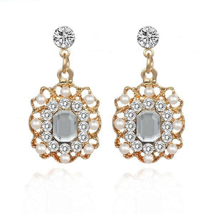 E1433 Gold Pearl & Rhinestones Rectangle Gemstone Earrings - Iris Fashion Jewelry