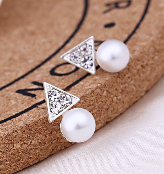 E26 Silver Rhinestone Triangle Pearl Earrings - Iris Fashion Jewelry