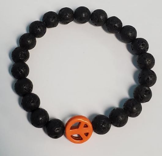 B466 Black Lava Stone Orange Peace Sign Bead Bracelet - Iris Fashion Jewelry