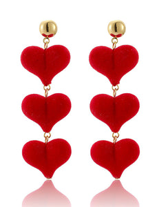 E1627 Red Velvet Triple Heart Dangle Earrings - Iris Fashion Jewelry