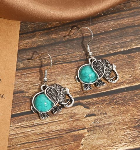 E1787 Silver Turquoise Crackle Elephant Earrings - Iris Fashion Jewelry