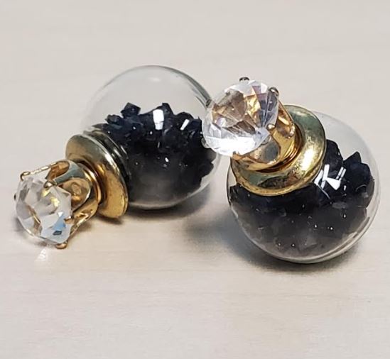 E1567 Gold Rhinestone Black Gem Filled Double Ball Earrings - Iris Fashion Jewelry