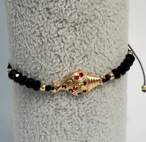 *B784 Black Cord Bead Multi Color Rhinestone Conch Shell Bracelet - Iris Fashion Jewelry
