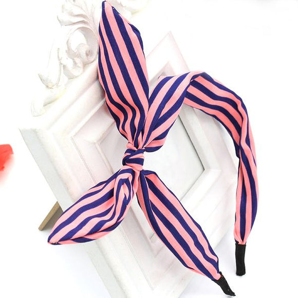 H666 Navy Blue & Pink Stripes Fabric Covered Head Band with Bow - Iris Fashion Jewelry