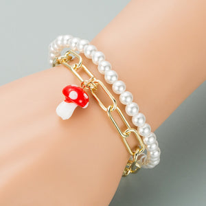 B418 Gold Chain & Pearl Mushroom Charm Bracelet - Iris Fashion Jewelry