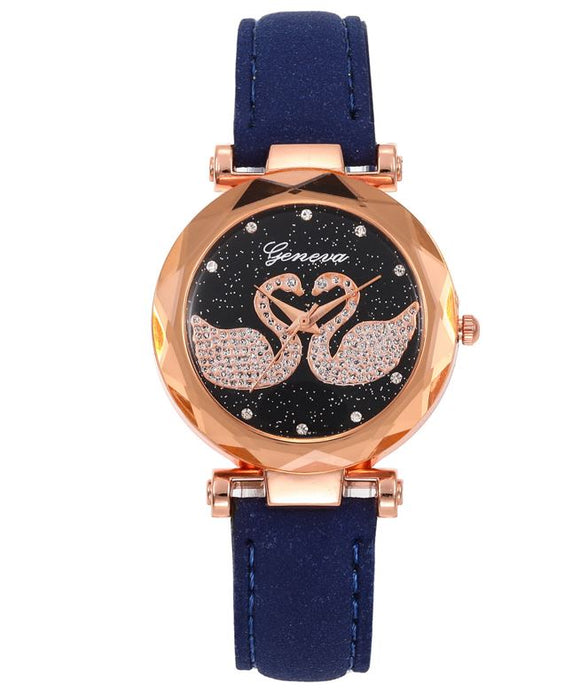 W418 Blue Band Rhinestone Swans Collection Quartz Watch - Iris Fashion Jewelry