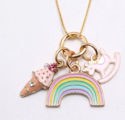 L372 Gold Rainbow Ice Cream Cone Rocking Unicorn Charm Necklace FREE EARRINGS - Iris Fashion Jewelry