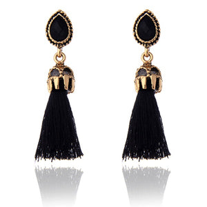 E867 Gold Black Gem & Tassel Earrings - Iris Fashion Jewelry