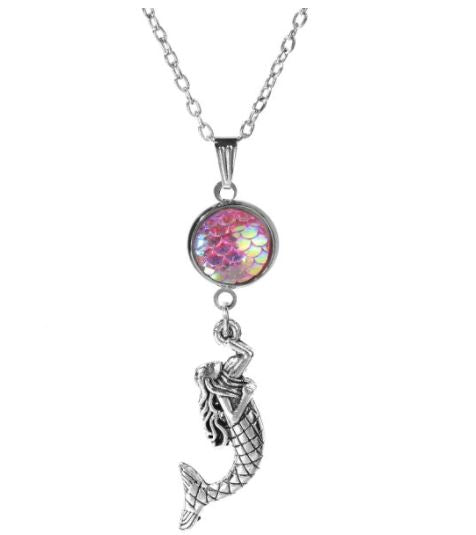 N1718 Silver Iridescent Pink Mermaid Fish Scale Necklace With FREE Earrings - Iris Fashion Jewelry