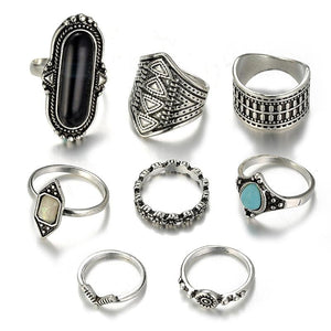 RS43 Silver Color Blue Black Opal Gem 8 Piece Ring Set - Iris Fashion Jewelry