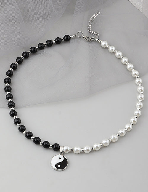 N47 Silver Black Bead & Pearl Yin Yang Necklace With FREE Earrings - Iris Fashion Jewelry