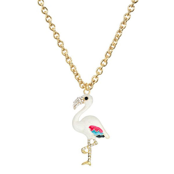 N737 Gold Baked Enamel White Flamingo Necklace with FREE Earrings - Iris Fashion Jewelry