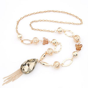 N1028 Gold Butterflies & Gemstone Tassel Necklace with FREE Earrings - Iris Fashion Jewelry