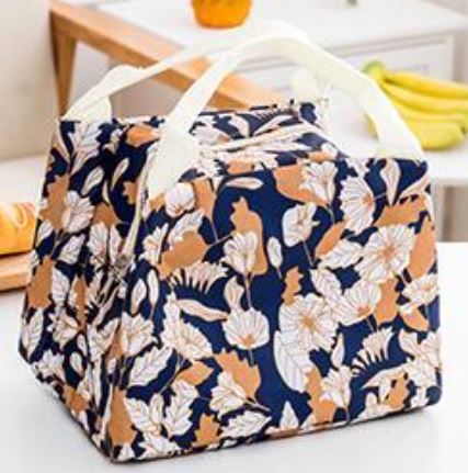 G205 Navy Blue Leaves & Floral Print Insulated Lunch Tote with Zipper Closure - Iris Fashion Jewelry