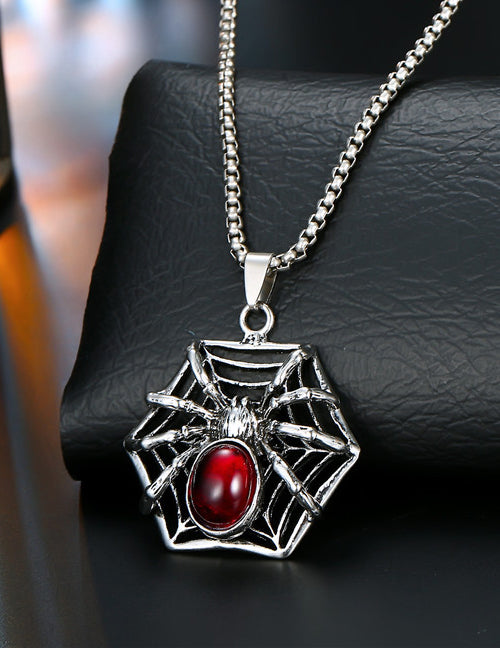 N1264 Silver Red Gemstone Spider on Web Necklace - Iris Fashion Jewelry