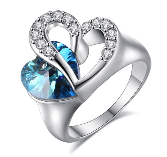 R43 Silver Blue Gemstone Heart Rhinestones Ring - Iris Fashion Jewelry