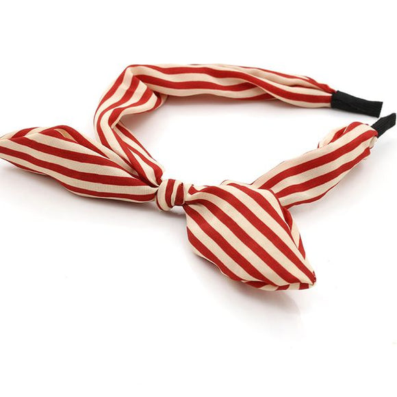 H639 Beige Red Stripes Fabric Covered Head Band with Bow - Iris Fashion Jewelry