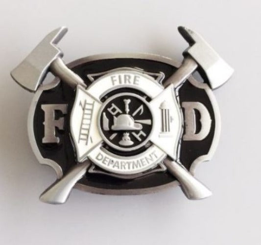 BU155 Black & White Fire Department Belt Buckle - Iris Fashion Jewelry