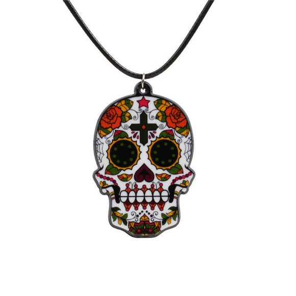 N1783 Colorful Sugar Skull on Leather Cord Necklace with FREE Earrings - Iris Fashion Jewelry